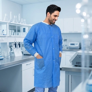 <span class=keywords><strong>Bata</strong></span> médica desechable de PP tejido azul para doctor, de manga larga, <span class=keywords><strong>con</strong></span> botón frontal y puños tejidos, para visitantes - Product Image 6