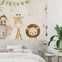 Papier peint adhésif mural souple à l'effigie d'animaux de la jungle en aquarelle, personnages animaliers fantaisistes pour chambre d'enfant douillette
