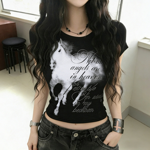 Camiseta de Verano para Mujer, Estilo Gótico Y2K, Estampado Animal, Manga Corta, Cuello Redondo, Corte Regular, Color Oscuro, Informal, Básica, de Alta Calidad - Product Image 1