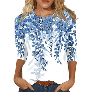 3/4 Ärmel rundhalsausschnitt Damen-T-Shirts für Frühjahr Sommer Wärmeübertragung Druck lässige T-Shirts für Damen