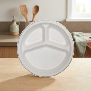 Plato de bagazo 100% natural 3 CP, gama de vajilla de gran capacidad – Vajilla de bagazo al por mayor para servicios de catering y hostelería ecológicos - Product Image 1