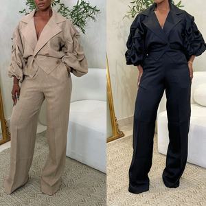 Women's Casual Large Collar Pleated Sleeve Top and <b>Pants</b> 2-Piece Set Fashion - Product Image 2