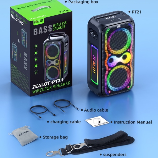 ZEALOT PT21 200W Rms High Power Super Subwoofer Colorful Party Wireless Speaker Multi-device Connectivity TWS Wireless Speakers