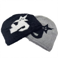 Bonnet en mohair jacquard, tricoté duveteux, motif animalier, doux et chaud, bonnet d'hiver unisexe, streetwear, couvre-chef, casquettes de créateur personnalisées