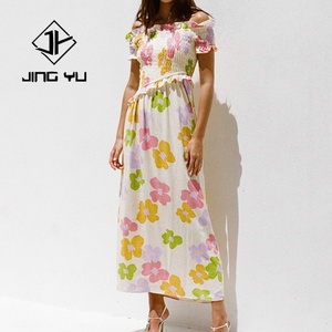 Robe décontractée plissée à volants imprimée sur mesure 2026, mélange de lin et de coton de haute qualité, robe de plage - Product Image 1