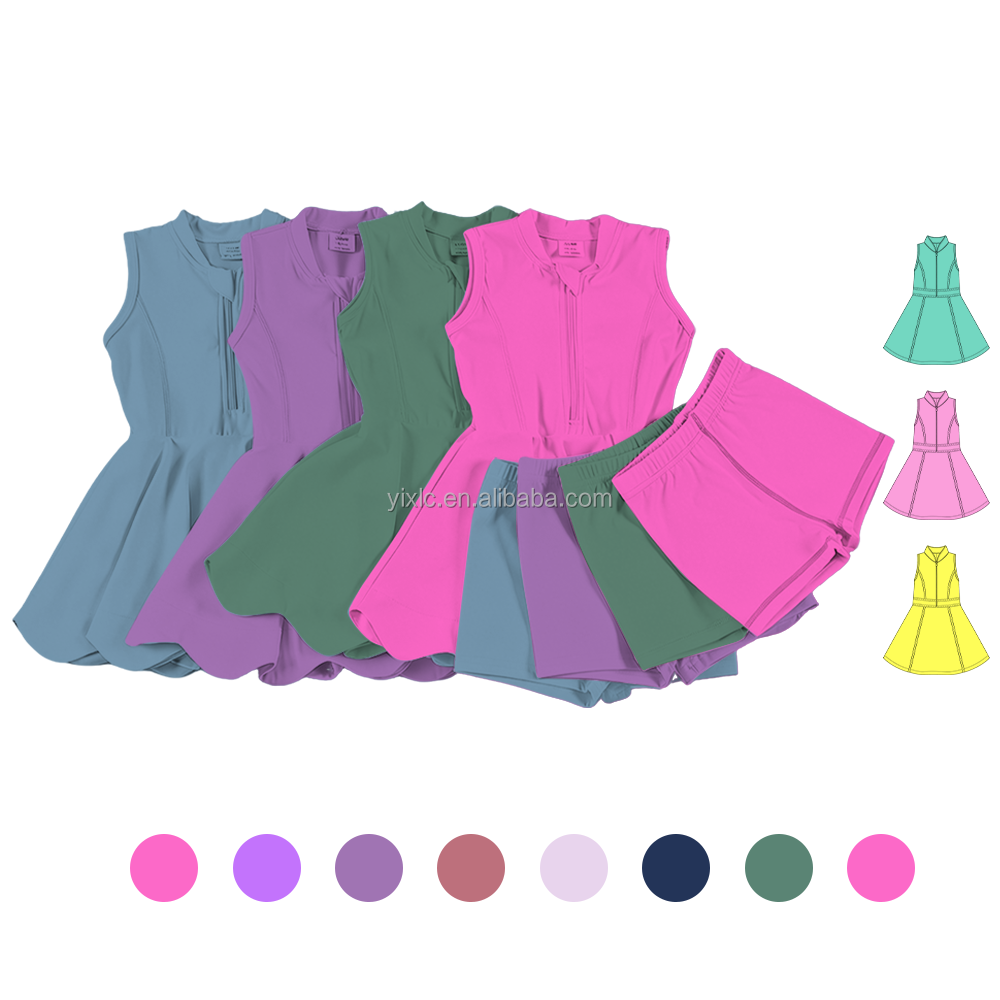 Hot Sale Sport Slim Fit Quick Dry Sleeveless Summer Dress Kids Yoga Dress Girls Zip up Tennis Dress with Shorts