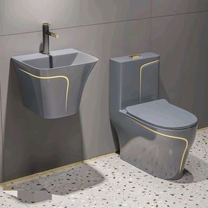 WC monobloc moderne en céramique à double chasse, à siphon, noir, avec accessoires de salle de bain colorés pour la maison, sortie au sol, siphon en P - Product Image 1