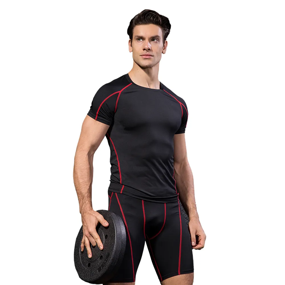 Men's Yoga t Shirts Summer Elastic Tight Slim Suit t Shirt Men Quick Dry Workout Clothes Sports & Gym Fitness Sets Yoga Wear
