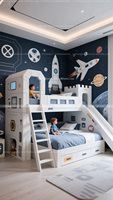 Fabricant de meubles conçus par l'IA, lits mezzanine sur le thème de la fusée et de l'espace, design personnalisé pour les chambres d'enfants.