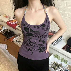 เสื้อกล้ามครอปสไตล์สตรีทแวร์วินเทจประดับลูกปัดพร้อมลายกราฟิกสุดพิเศษ เสื้อแขนกุดลำลองสำหรับฤดูร้อน เหมาะสำหรับชุดแฟชั่นล้ำสมัย - Product Image 1