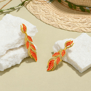 Leaf <b>Stud</b> <b>Earrings</b> Zinc Alloy Red Gold Plated Party Drop <b>Earrings</b> With Rhinestones Plant Pattern Jewelry B605 - Product Image 4
