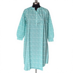 Kurta de Algodón Recta con Cuello Mandarín para Mujer, Estampado Chevron Turquesa y Zigzag Azul Agua, Estilo Casual de Verano, ODM - Product Image 3