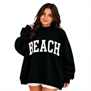 Sudadera de Cuello Alto para Mujer, Color Negro, Talla Grande, Manga Larga, con Estampado de Letras Blancas Personalizadas con Temática de Playa, a Precio Económico - Product Image 1