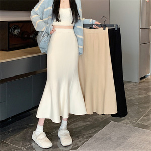 Fengyuan Slim-fit High-waisted Fishtail Skirt Women Satin Mid-length Elegant A-line Solid Color Micro-elasticity - Product Image 1