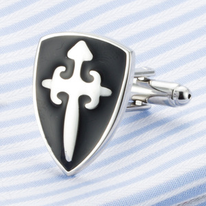 Gemelli da Uomo in Stile Francese, in Lega di Rame, Moda Gentiluomo, Smaltati Neri, Lussuosi a Forma di Scudo - Product Image 5