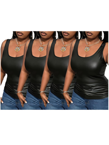 4PCS Black Patent Leather Summer Casual Tank Top Women Plus Size Sleeveless U-Neck Blouse Irregular Hem Waist-Cinching Design - Product Image 6