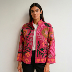 Exquisita Chaqueta de Mujer con Bordado Suzani Indio, Motivos Florales en Tonos Ricos Tradicionales, Ropa de Invierno, Estilo Boho, Abrigo Elegante para Damas - Product Image 1