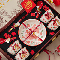 Nouvel ensemble de bols et assiettes en céramique haut de gamme de style chinois, coffret cadeau pour l'inauguration de maison et les mariages, compatible micro-ondes, design festif