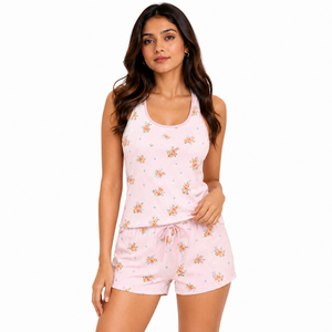 Conjunto de Pijama de Mujer con Top de Tirantes de Algodón Acanalado con Estampado Floral y Pantalones Cortos Transpirables con Cintura Elástica para Descansar - Product Image 1
