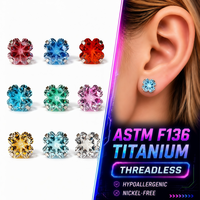 Anting-anting tusuk tulang rawan ASTM F136 tanpa ulir, berbahan titanium, model bunga dengan CZ, berbagai warna, setting prong, hipoalergenik, bebas nikel, grosir.