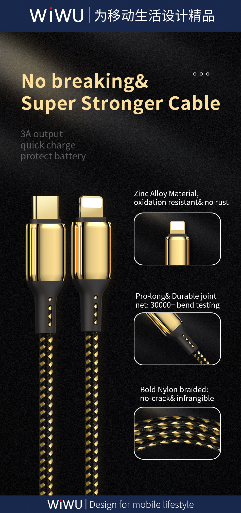 WiWU 2021 Top Selling Nylon Braided USB Dual Charging Cable Cord Charging Cable for for Android for i-Phone