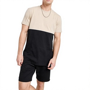 Men Color Blocking T-Shirt <b>Set</b> Crew Neck <b>Knitted</b> Breathable Casual Summer Outfit Black Beige Short Sleeve Men Summer <b>Set</b> - Product Image 1