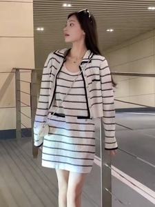 Ensemble deux pièces élégant en tricot rayé pour <span class=keywords><strong>femme</strong></span>, cardigan à col <span class=keywords><strong>marin</strong></span>, robe moulante sans manches, tenue décontractée pour tous les jours - Product Image 5