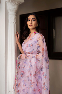 Sari de Organza Estampado Color Lavanda Aster de Grado de Exportación 100% con Blusa Sin Coser de 1 Metro y Longitud de Sari de 5.5 Metros - Product Image 4