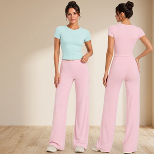 Conjunto de Yoga de 2 Piezas para Mujer, Top Corto de Manga Corta con Cuello Redondo, Pantalones Anchos de Cintura Alta, Ropa Deportiva Sólida - Product Image 4