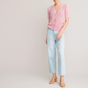 HDLA22020 <strong>Short</strong> <strong>Sleeves</strong> Finished with Scalloped Edging Slightly Retro Feel <strong>Pointelle</strong> Knit V-neck <strong>Cardigan</strong>