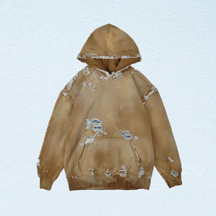 Tasarımcı tarzı streetwear vintage yıkanmış hoodie ağır özel baskı erkek hoodie sıkıntılı kesim kenar hoodie
