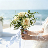 Buket Pengantin Mawar Sampanye Buatan dari Sutra, Buket Tangan Palsu untuk Pernikahan, Bunga Pegangan Pengantin untuk Dekorasi Pesta Pernikahan
