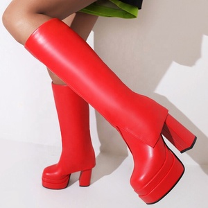 Overlay Wide Leg Fashion Shoes <b>Boots</b> Short Knee High PU Square Toe Platform Booties Chunky High Heel Women Long - Product Image 4