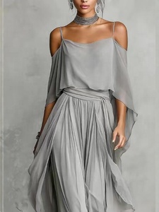 OUDINA New Summer Chiffon Casual Asymmetrical Off Shoulder <strong>Flowy</strong> <strong>Tops</strong> Blouse Women Two Piece Sets Trousers Pants Set - Product Image 2