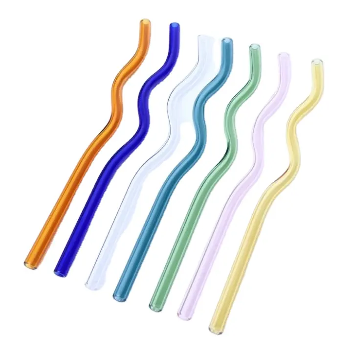 Reusable Drinking Glass Wavy Straw Heat Resistant Different Colored Straight 1 Piece Opp Bag Modern Glass Straws with Design