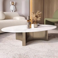 Table basse en panneau rocheux de luxe léger, design moderne et simple, salon, design avancé, table basse ovale en acier inoxydable