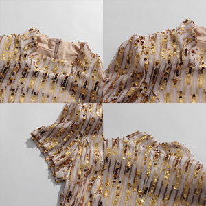 Abito <span class=keywords><strong>Midi</strong></span> Lusso Oro con Paillettes <span class=keywords><strong>da</strong></span> Donna, Collo Alto, Maniche Corte, Vestito Aderente Slim Fit per <span class=keywords><strong>Cerimonia</strong></span>, Matrimonio, Orafo, Festa Serale - Ingrosso - Product Image 3