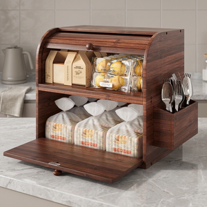Boîte de rangement à pain rectangulaire moderne en bambou à couvercle roulant et multi-compartiments pour comptoir de cuisine - Product Image 3