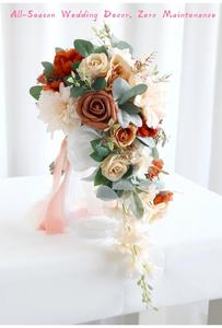 Grand <span class=keywords><strong>bouquet</strong></span> <span class=keywords><strong>de</strong></span> <span class=keywords><strong>mariée</strong></span> artificiel en forme <span class=keywords><strong>de</strong></span> larme, roses en plastique orange brûlé, fait main, écologique, réutilisable, réaliste, cascade <span class=keywords><strong>de</strong></span> mariage - Product Image 4