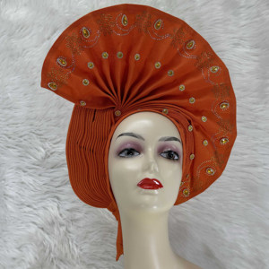 Prix usine perlé femmes rouge Auto Gele fête africaine Headtie Aso Oke avec des pierres pour la fête de désherbage - Product Image 1