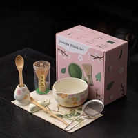 Ensemble cadeau de thé matcha Kingze élégant et floral, 8 pièces, bol à matcha en céramique avec fouet en bambou, pour cadeau d'entreprise, logo personnalisé