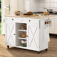 Chariot d'îlot de cuisine à roulettes avec comptoir à feuilles tombantes, table d'îlot de cuisine à porte de grange avec armoire de rangement et support de tour