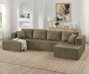 طقم أريكة مقطعية من قماش الكودري المخطط على شكل حرف U، أريكة قابلة للتشكيل ومضغوطة لغرفة المعيشة وغرفة النوم والشقة - Product Image 4