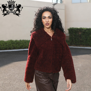Veste en fausse fourrure de mouton Janefur pour femmes, style Y2K, col <span class=keywords><strong>marin</strong></span>, rouge vin, fermeture éclair - Product Image 3