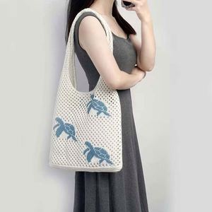 Bolso Tote de Gran Capacidad para Mujer, Cierre Abierto, Patrón de Tortuga, Tejido de Ganchillo, Lazo Vintage, Poliéster, Bolso de Hombro Casual para la Playa - Product Image 2