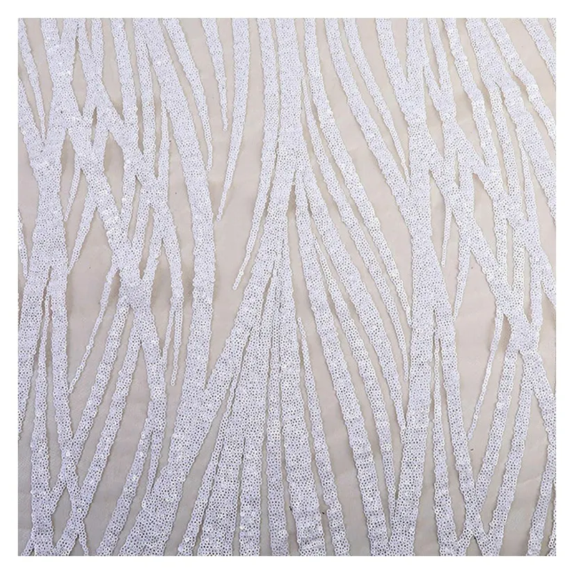 Custom Fringe Leaf Stretch 3mm Sequin Mesh Stripe Spandex Dance Brushed Latest Lace Sequins Fabric Wedding White