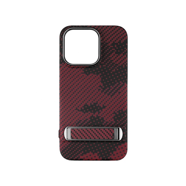 Luxury Red Aramid Fiber Waterproof Shockproof Phone Case for iPhone 15 Pro Max & 14 Pro with Magnetic Ring Kickstand