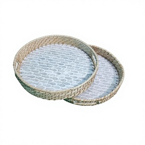 Imperial Festive Glow MOP Shell Inlay Rattan Serving Tray <b>Set</b> Handcrafted Premium Snack Presentation for Ramadan Eid Diwali - Product Image 1