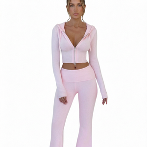 Conjunto de dos piezas de punto rosa para mujer, con sudadera con capucha y cremallera, y pantalones acampanados, atuendo informal de otoño - Product Image 4