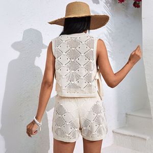 Nuevo Conjunto de 2 Piezas de Moda para Mujer: Sudadera con Capucha Tejida a Mano con Lazos Laterales y Shorts Holgados Calados, Ideal para Vacaciones Casuales en la Playa - Product Image 5